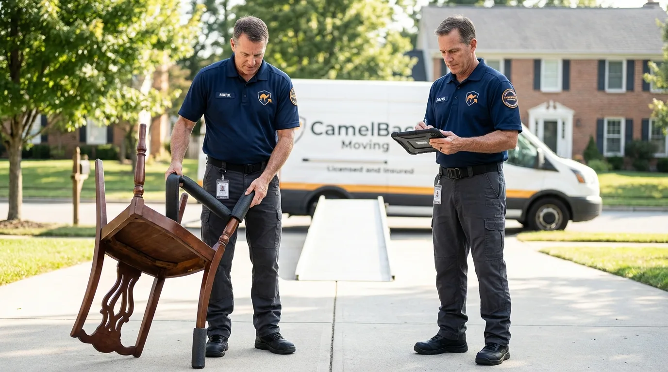 Movers inspecting furniture for damage prevention before loading in Smithland, KY