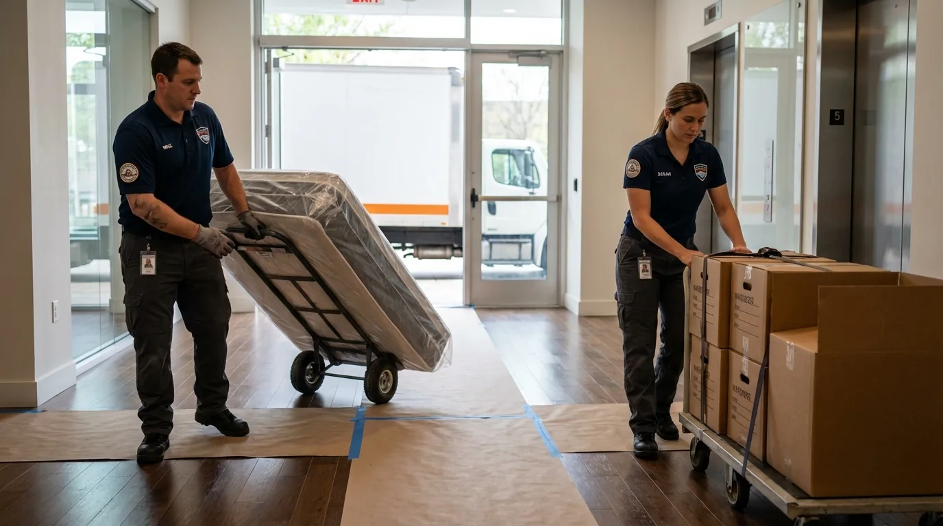 Professional apartment movers loading elevator in Smithland, KY